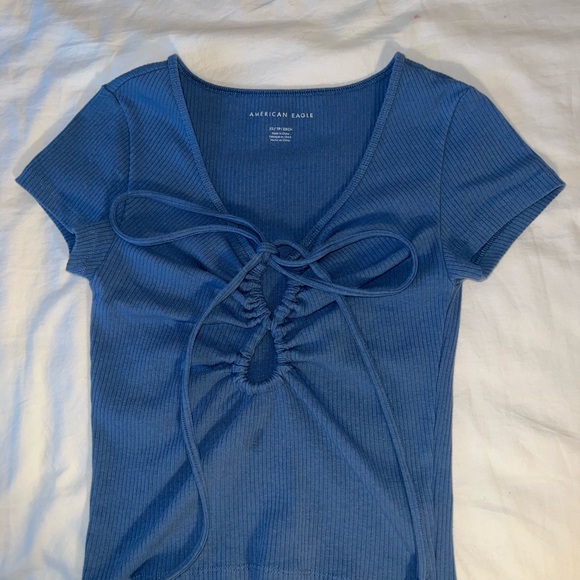 American Eagle Blue Lace-Up Ribbed Top - Picture 1 of 3